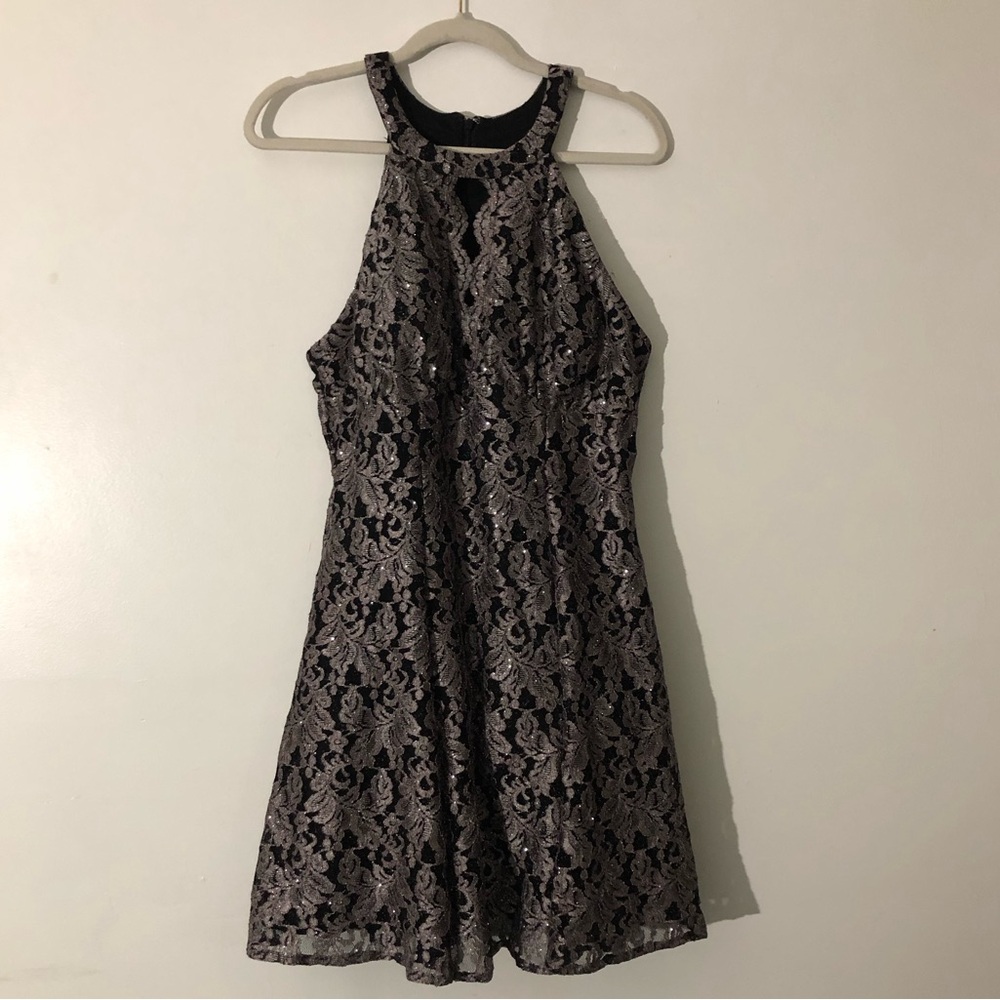 R & M Collection Black Lace Halter Skater Elegant Evening Mini Dress Size 14P